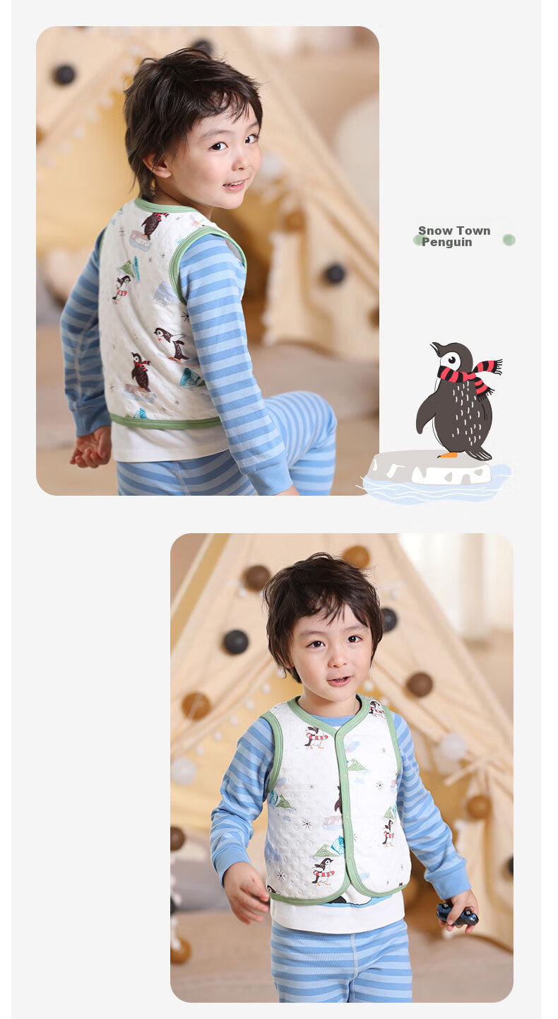Ibaby Baby Vest Autumn Winter Children's Sleeveless Base Layer Vest Baby Small Vest Snow Town Penguin 90 12