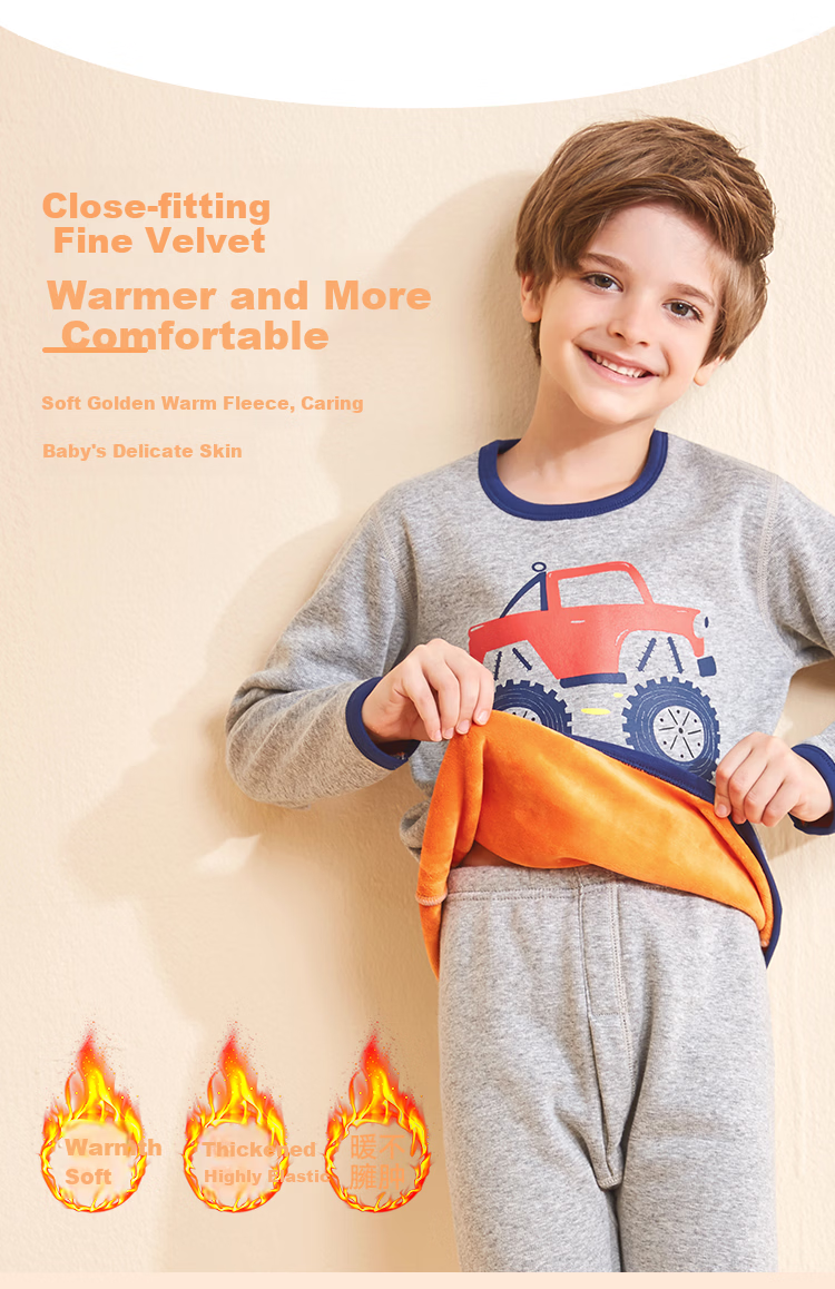 Nanjiren Kids Thermal Underwear Set Boys Autumn Winter School Uniform Fleece Cotton Base Layer Pajamas Royal Blue 110 3