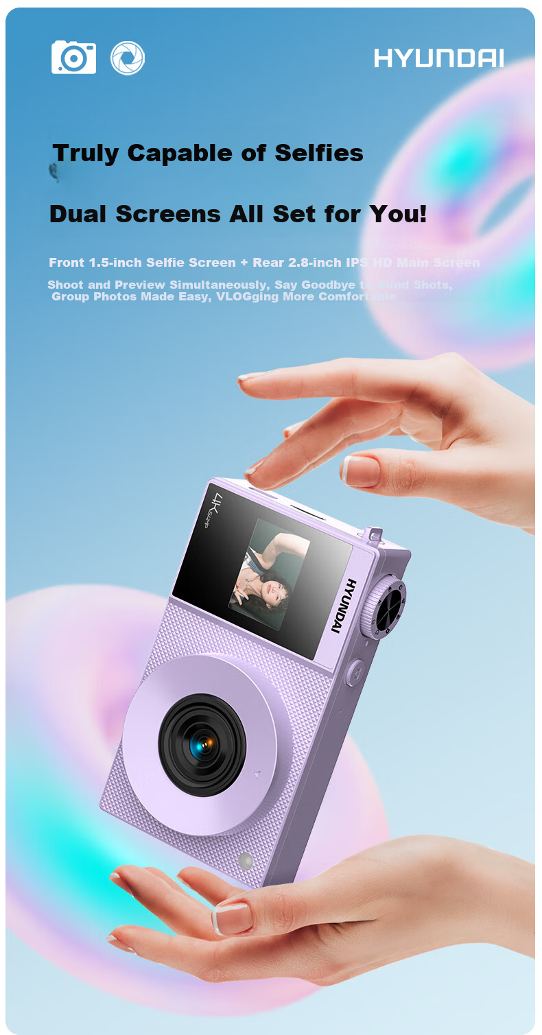 HYUNDAI Modern CCD Digital Camera Vlog Photography Travel Camera Student Entry-Level Dual Screen Selfie Cream White 32GB 2