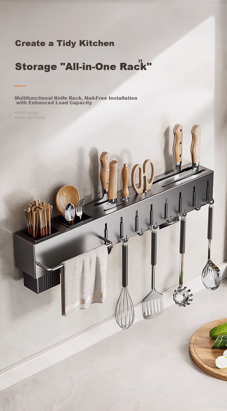 ZhaiQingSong Kitchen Wall-Mounted Multifunctional No-Drill Knife Rack Cloth Draining Storage Hook Spoon Chopsticks Holder Integrated Organizer Rack 1