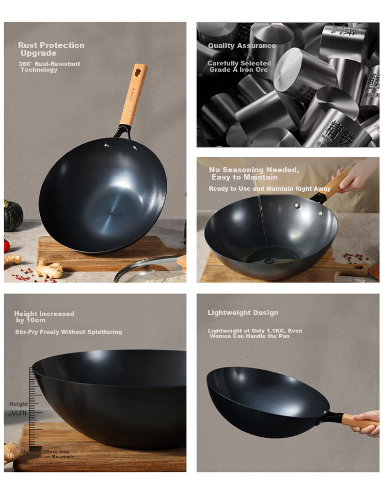 Carote Iron Wok, Home Cooking Pan, Non-Coated Non-Stick Pan, Suitable for Induction And Gas Stoves, Traditional Style, 32cm with Lid 2