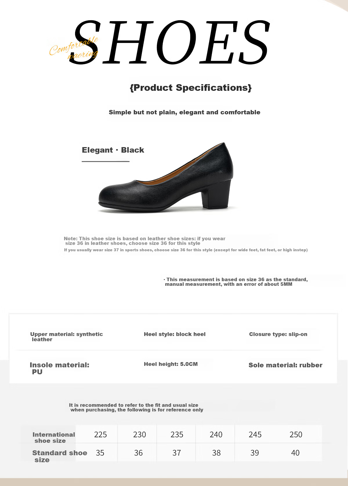 Warrior Black Work Shoes for Women Comfortable Long-Standing Office Shoes Chunky Heel Interview Leather Shoes Black Size 35 9