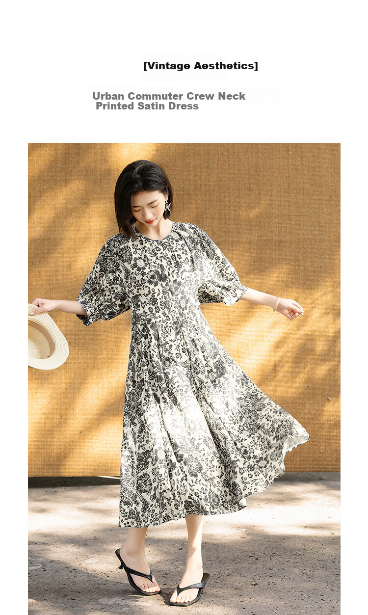 Demana Vintage Aesthetic Summer Urban Commuter Round Neck Printed Mid-Sleeve Satin Slim Fit Dress for Women High-End Feel 3