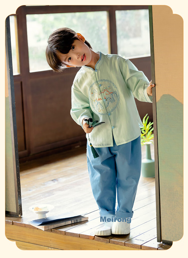 Menghu Qianshan Hanfu Boys Spring Autumn Long Sleeve Tang Suit Chinese Style Pants Set Traditional Red Top Size 90 16