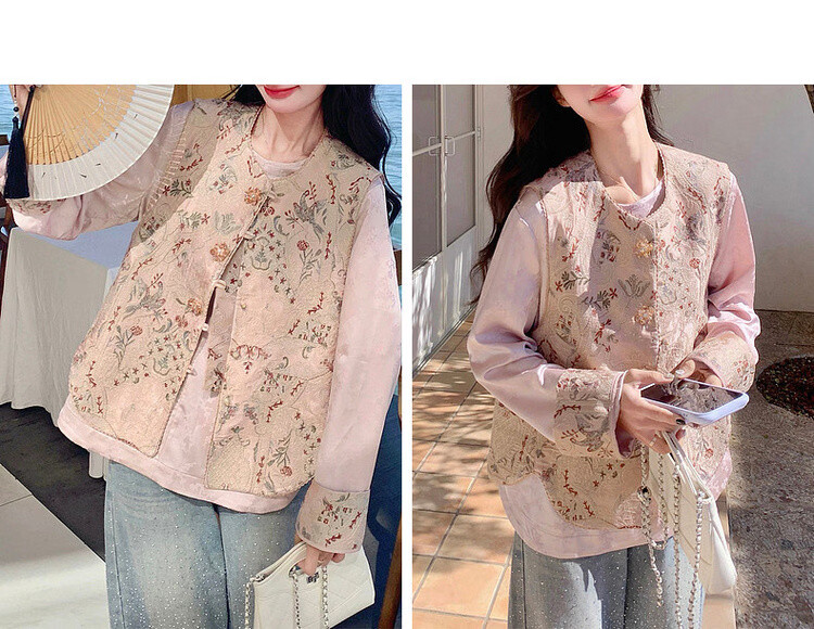 Demana Oriental Socialite Summer National Style New Chinese Round Neck Printed Sleeveless Floral Placket Slim Vest for Women Premium 9