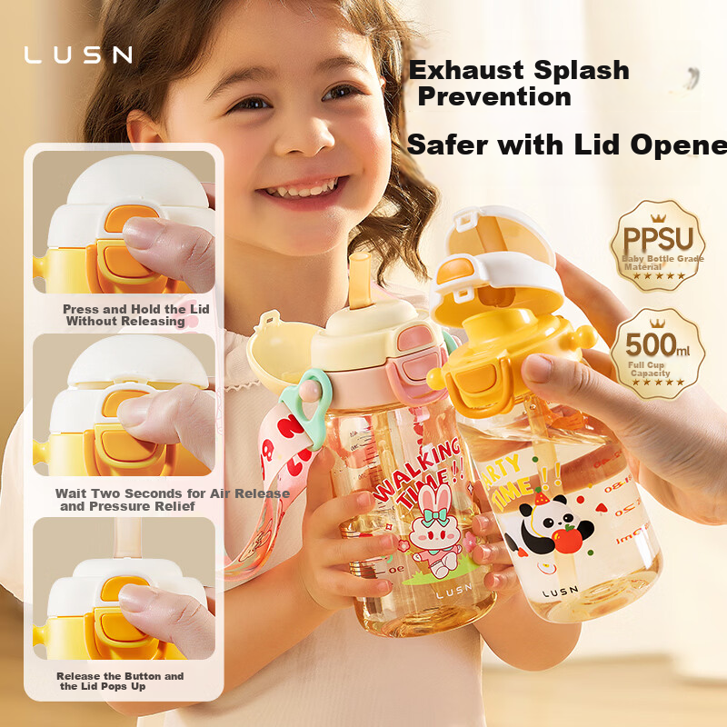 LUSN Children's PPSU Water Bottle Baby Dual Drinking Straw Cup Infant Portable Anti-Fall Training Cup