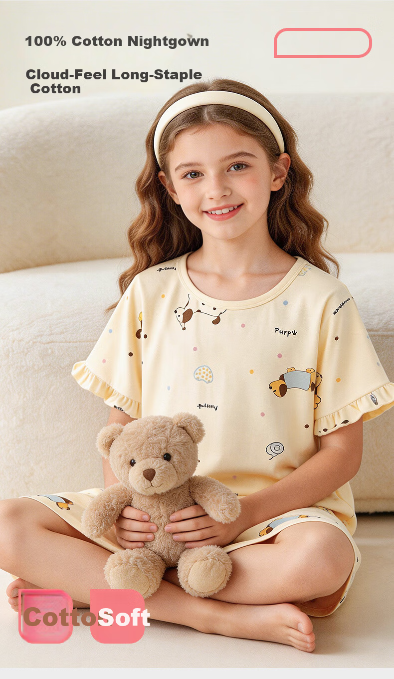 LangSha Girls' Cotton Sleep Dress A-Class Children's Pajamas Summer Thin Girls' Nightgown for Older Kids Middle School Students Homewear 1