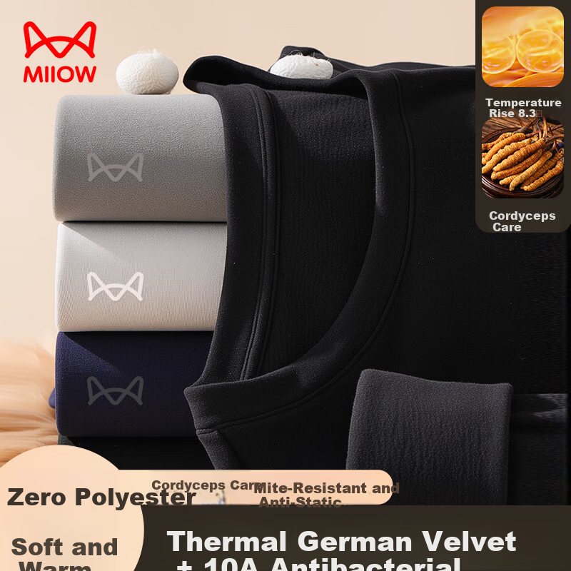 Miiow Men's Thermal Underwear Set Polyester Velvet Heat Retaining Thickened Acrylic Warm Autumn Shirt and Pants