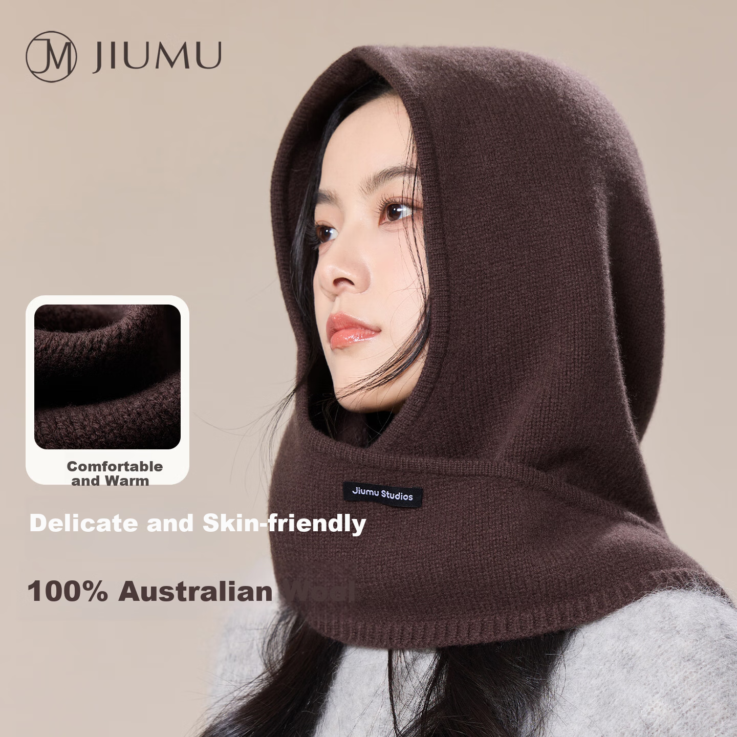 JIUMU Pure Wool Warm Knitted Balaclava Hat for Women Autumn Winter Cold-Resistant Hat with Integrated Hood and Scarf