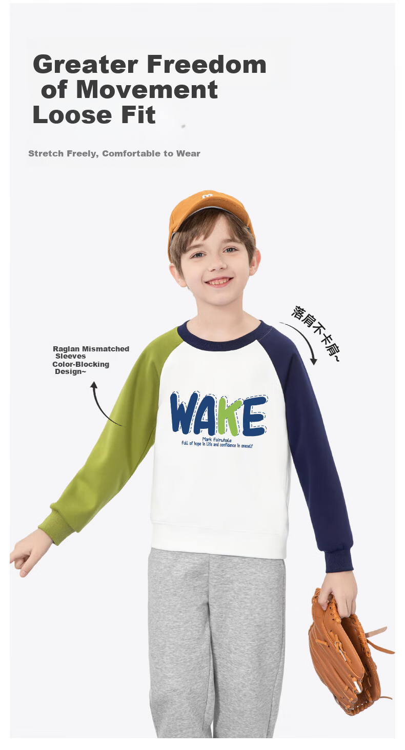 MARK FAIRWHALE Boys' Pullover Sweatshirt Spring and Autumn Crew Neck Raglan Top for Boys White with Green and Blue, Size 110 3