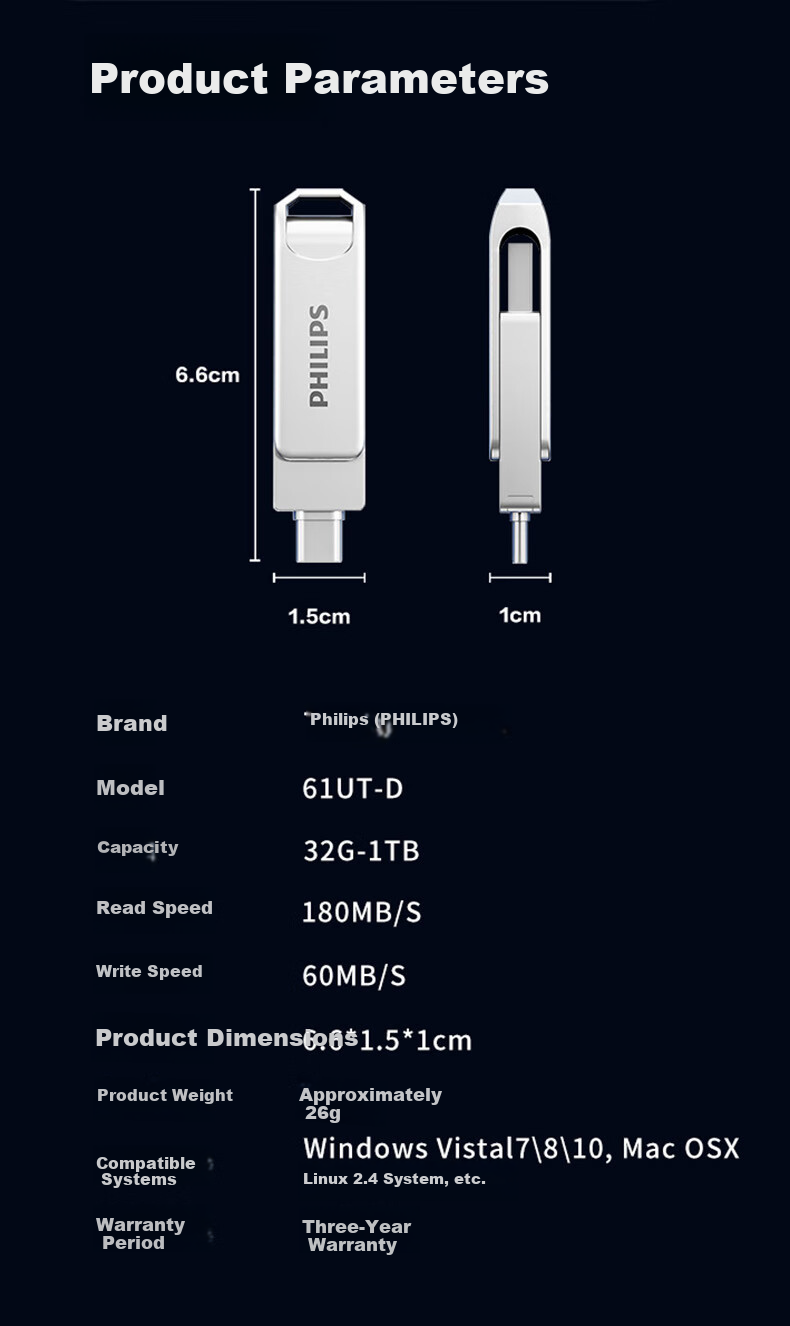 PHILIPS 64GB Type-C USB3.2 Dual Interface Mobile USB Drive Upgraded Version 61UT-D Metal Rotating High-Speed Read/Write Durable USB Flash Drive for Business Office Study 14