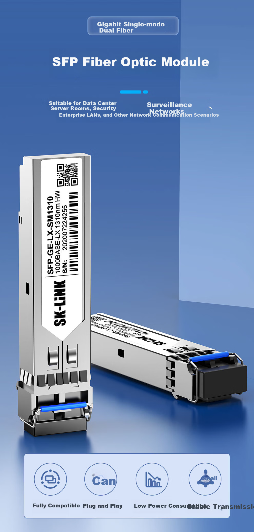SK-LINK Gigabit Single-Mode Single-Fiber SFP Optical Module, 1310/1550nm, LC Port, 1.25G Fiber Optic Module, Transmits up to 10KM, Compatible with Huawei 1