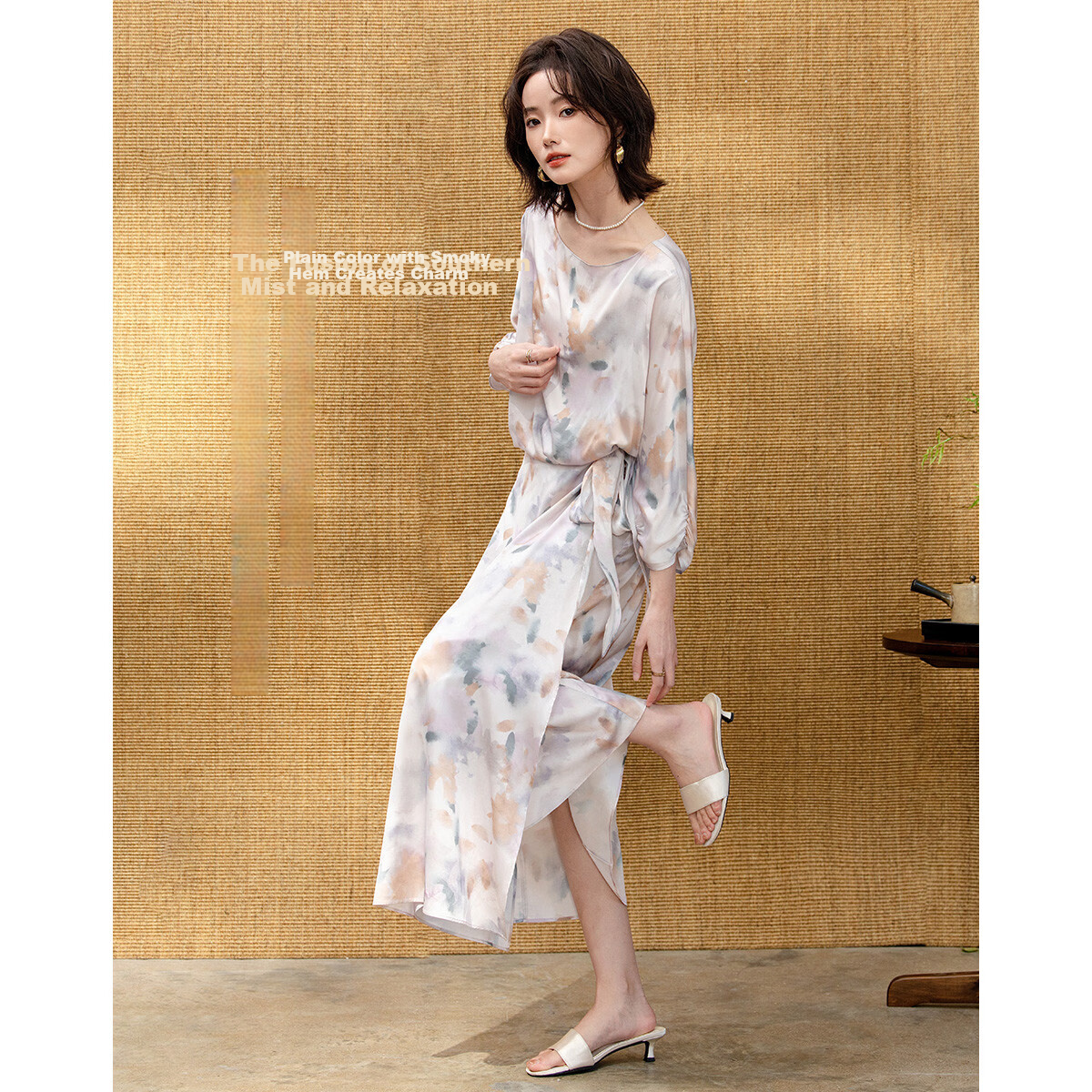 Demana Adjustable Half Skirt Overlapping Placket Spring Gentle Style Floral Eight-Sleeve Petite Slim Women's Dress