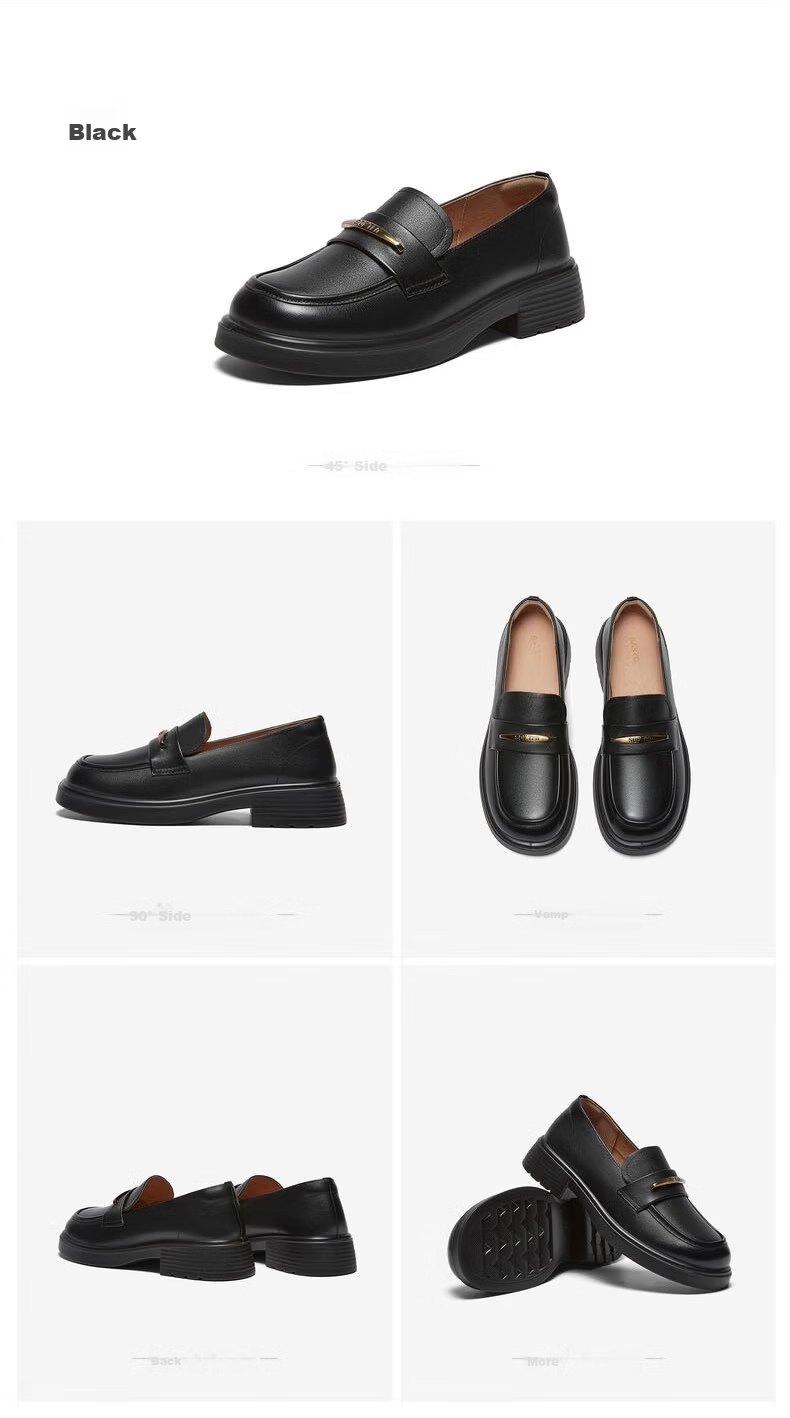 Basto Mall Same Style [Genuine Leather] College Style Loafers Chunky Heel Women's Shoes Black Size 35 24