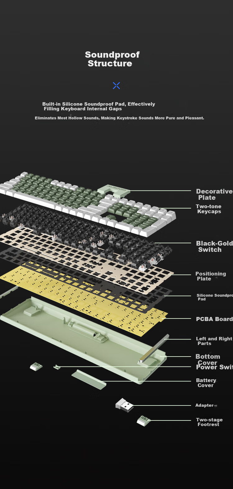 AUSDOM HOLA108 Wireless Keyboard and Mouse Combo Office Gaming Mechanical Keyboard 108-Key Anti-Ghosting Full Layout Desktop Computer Set Green White 7