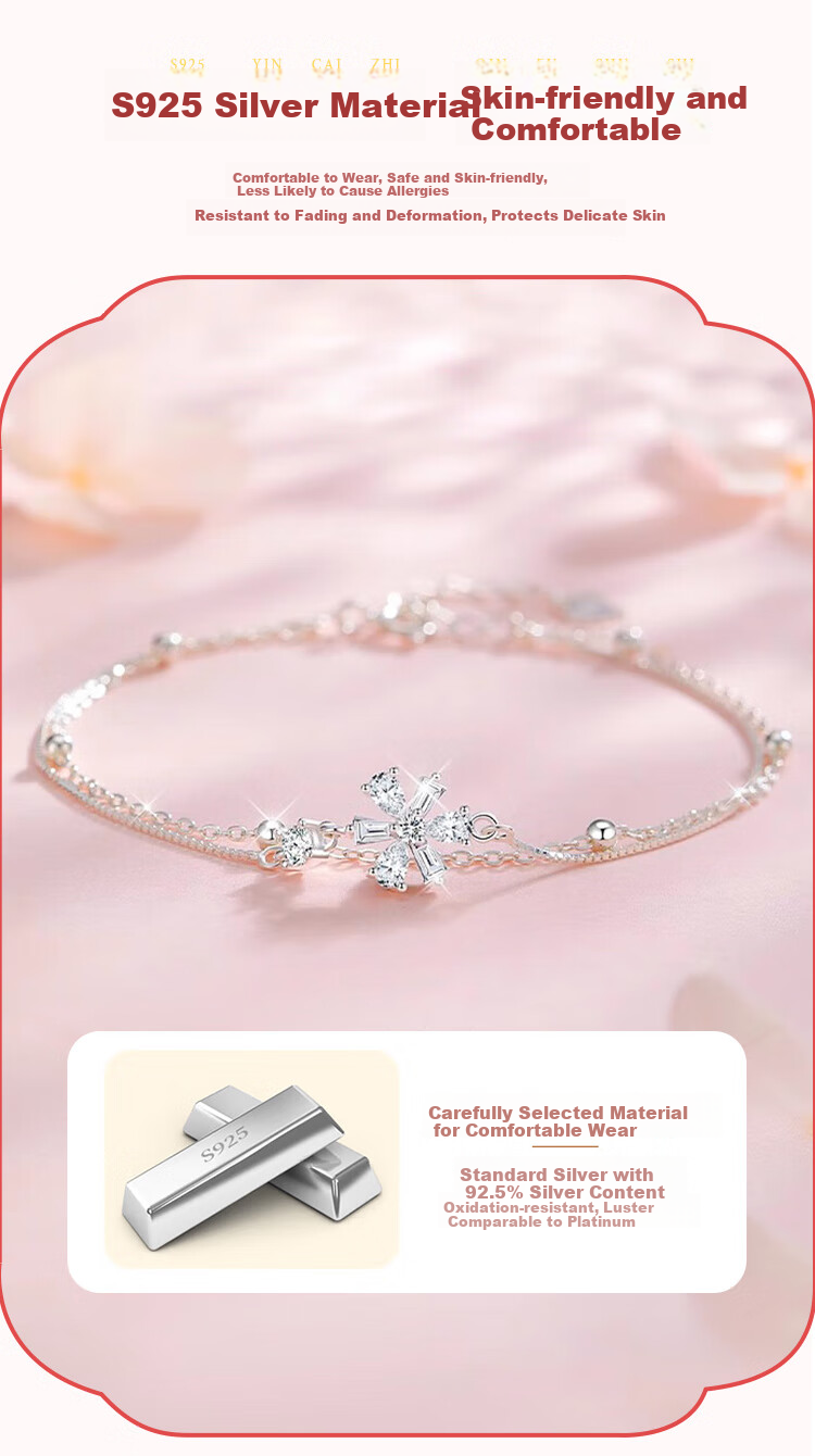 ALLOVE Cherry Blossom Pure Silver Bracelet for Women, Double-Layer Silver Jewelry, Birthday Gift for Women on May 20 And Valentine's Day, Present for Girlfriend Or Wife 4