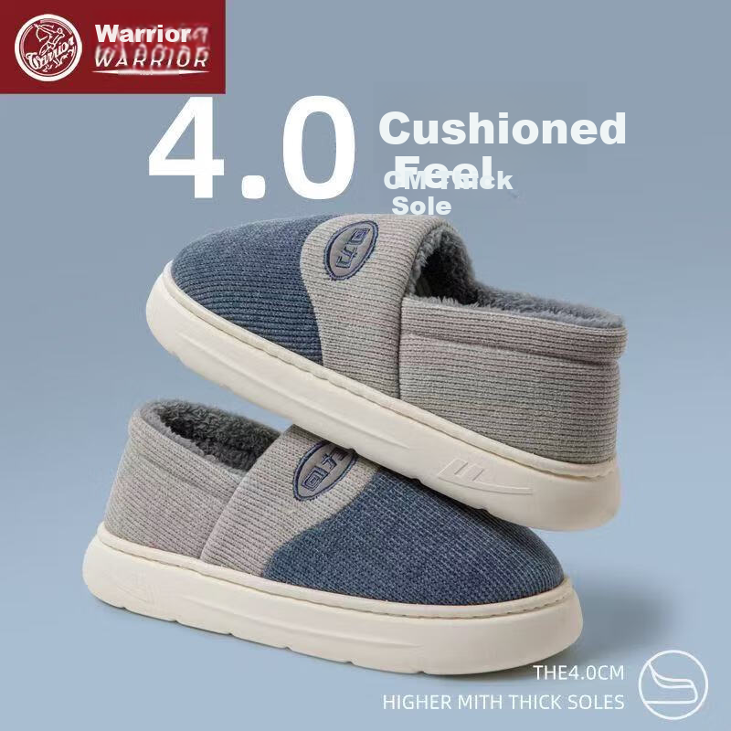 Warrior Men's Winter Thick-Soled Cotton Slippers with Heel Support, Warm Indoor and Outdoor Non-Slip Cotton Shoes 0756 Blue Size 44-45