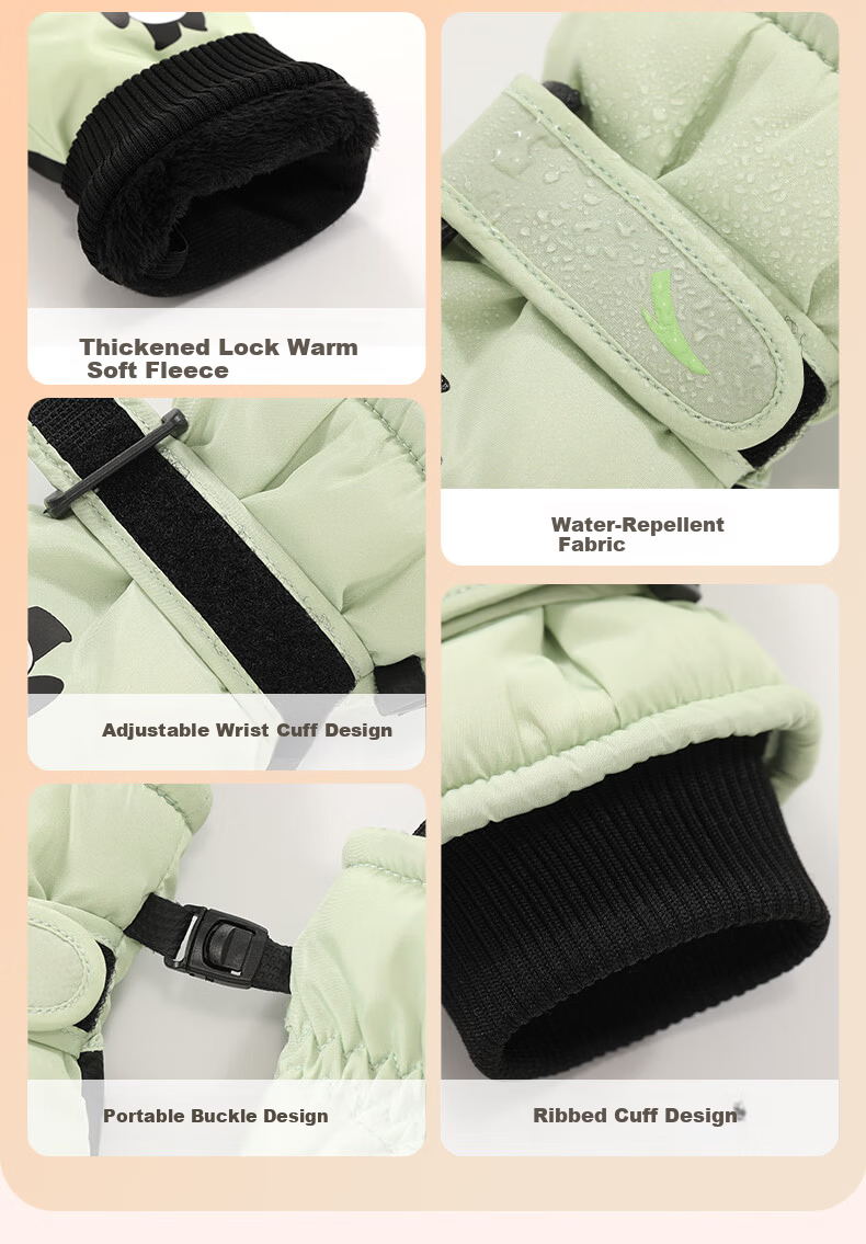 ANTA Kids Winter Thermal Gloves Cold-Resistant Ski Gloves for Boys and Girls, Fleece-Lined Thickened Outdoor Anti-Freeze Five-Finger Gloves, Green M 14