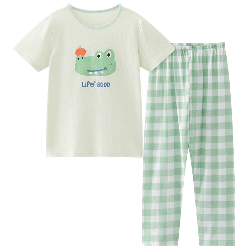 Hodo Kids Cotton Short Sleeve Pajama Set Summer Thin Air Conditioning Homewear 7A Antibacterial J3365 Green 130