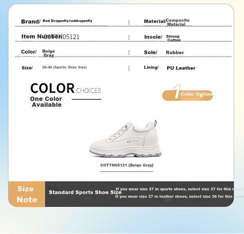 Red Dragonfly Women's White Sneakers Thick Sole Height Increasing Fleece Lined Warm Casual Shoes Women's Ins Style Canvas Shoes C0TTN05121M Beige Gray Size 37 5