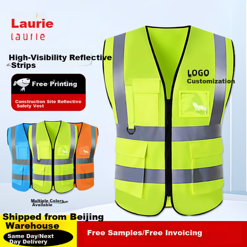 Laurie Reflective Safety Vest High-Visibility Workwear for Sanitation Construction Emergency Traffic Warning Uniform Customizable with Printing, Multi-Pocket Fluorescent Green, One Size