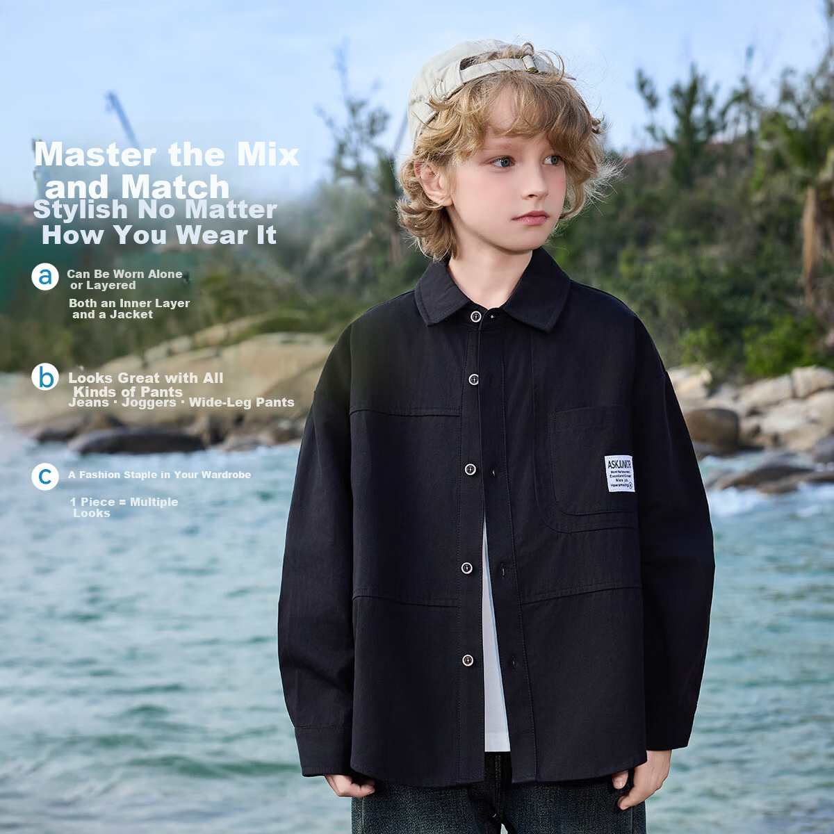 ASK JUNIOR Pure Cotton Children's Shirt 2026 Spring Lapel Long Sleeve Boys Shirt Jacket for Older Kids and Teens