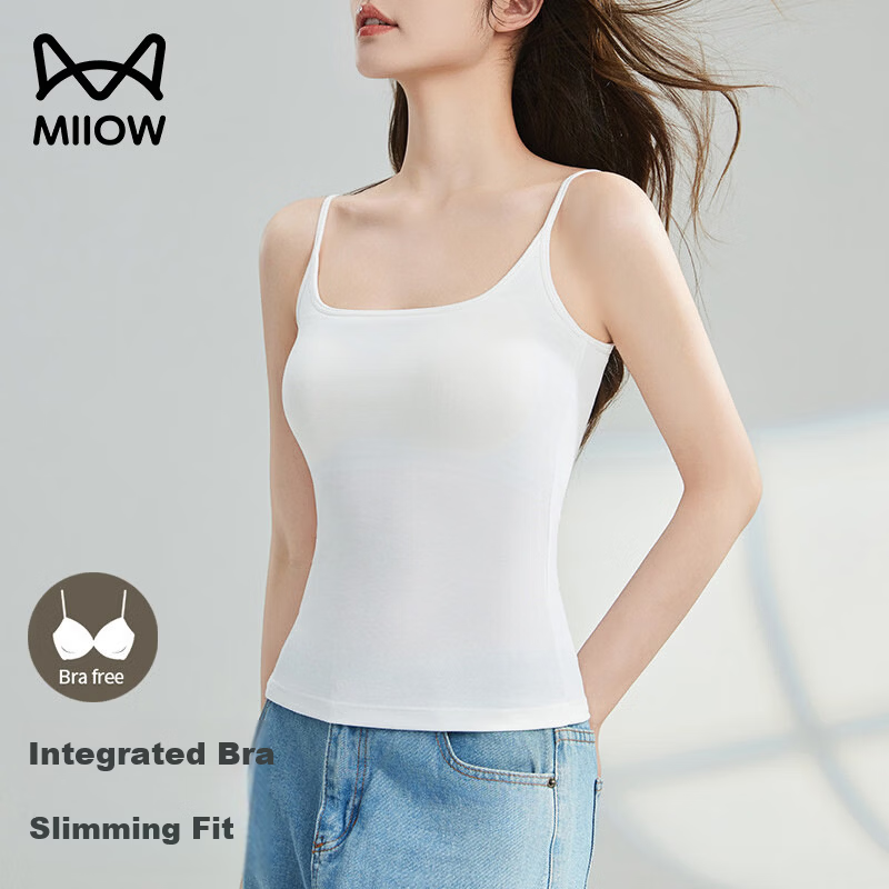 MiiOW Modal Camisole for Women with Built-In Bra Pads, Thin Straps, Suitable for Outer Wear Or Layering, Covers Side Boob, Can Be Worn As Outerwear, White