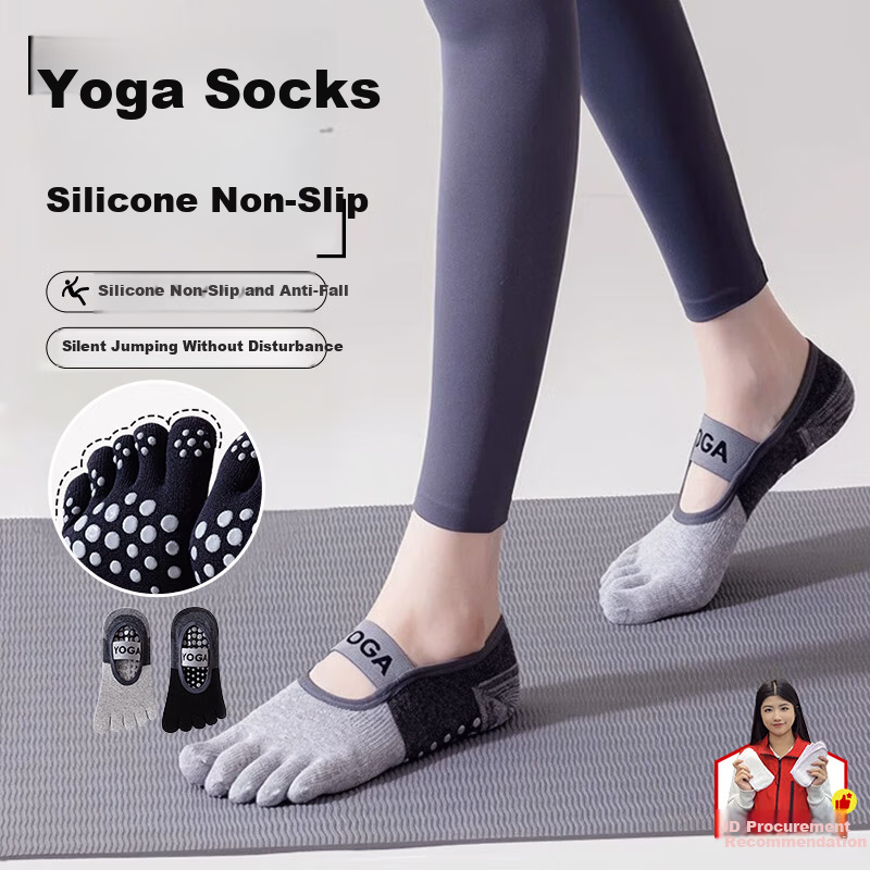 Kelorlock Women's Yoga Socks Professional Non-Slip Pilates Indoor Sports Aerobics Dance Fitness Five-Toe Socks 2 Pairs Black+Gray