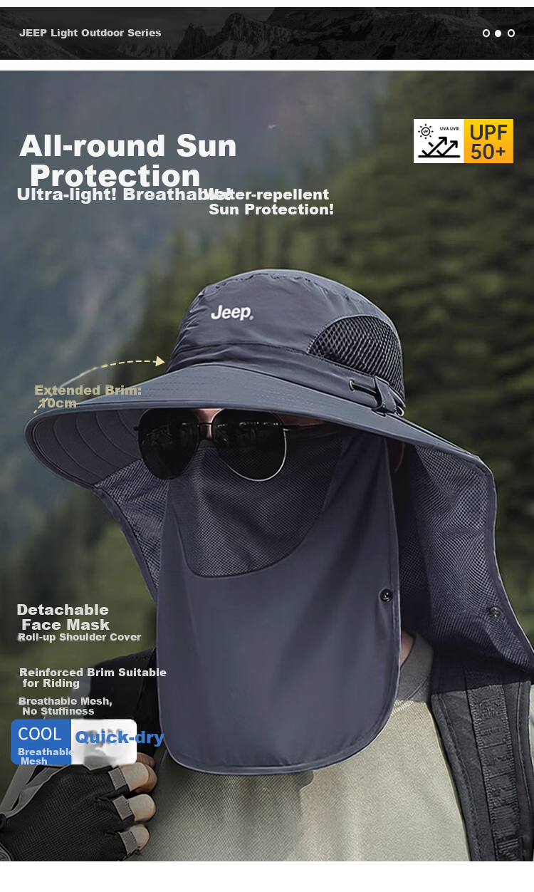 JEEP Men's Sun Protection Hat UV Protection Summer Fisherman Outdoor Hiking Wide Brim Sun Hat 1