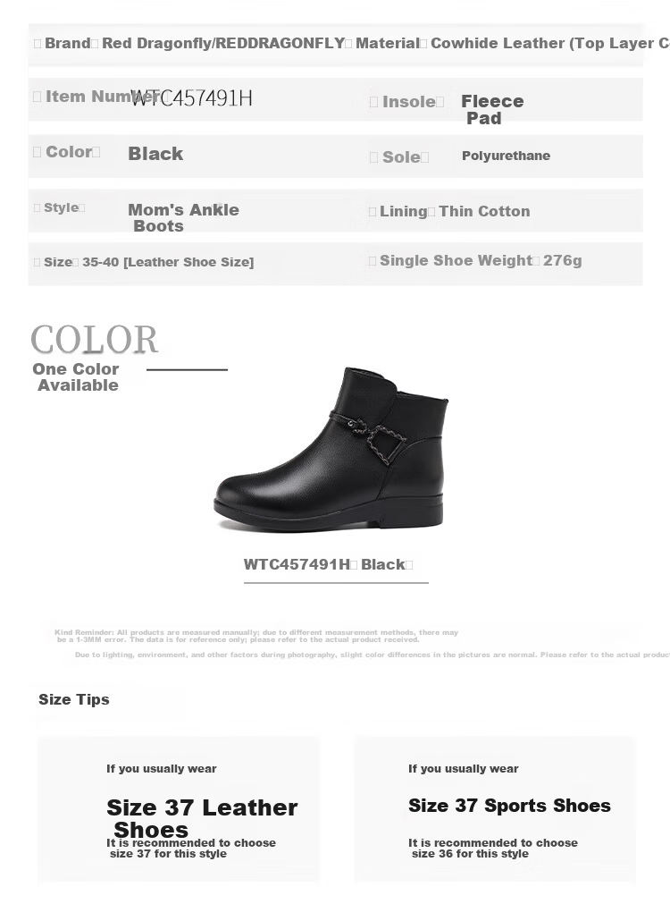 Red Dragonfly Women's Winter Warm Fleece-Lined Cotton Shoes Middle-Aged and Elderly Comfortable Soft Sole Ankle Boots WTC457491H Black Size 38 9