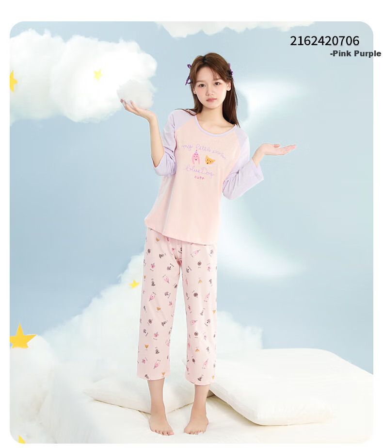 YING BO LUN Children's Pajamas Spring And Summer Three-Quarter Sleeve Pure Cotton Girls' Home Wear Set Kids Air Conditioning Clothes 316 Pink Purple 130 12