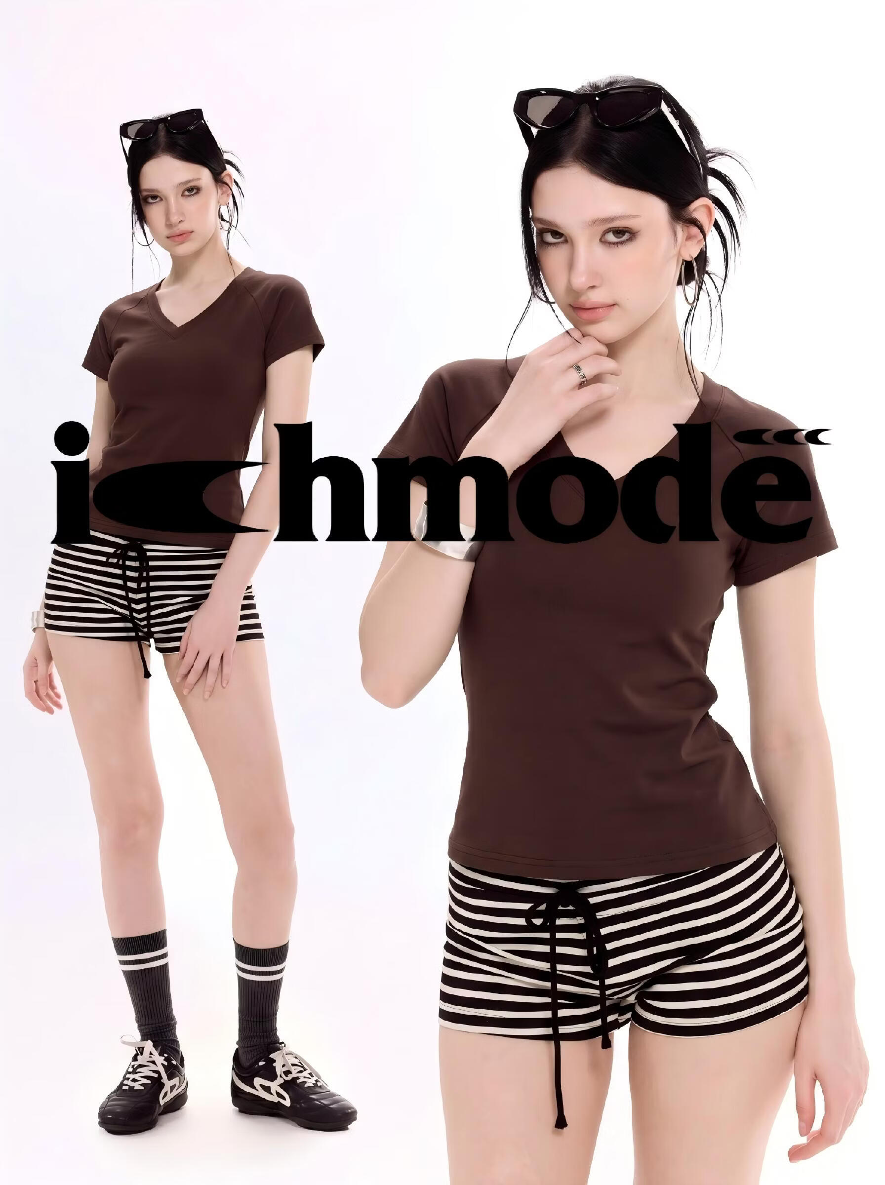 ICH MODE American Slim Fit V-Neck Shoulder Short Sleeve T-Shirt Women Summer New Slim Short Hot Girl Half Sleeve Top Dark Gray M 1