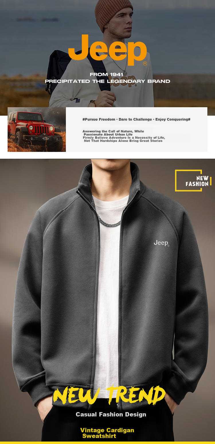 JEEP Men's Hoodie Jacket Spring Autumn Heavyweight Casual Zip-up Trendy Sportswear Dark Gray M 1