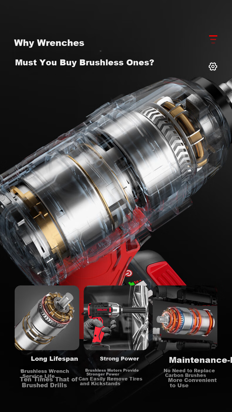 DELIXI ELECTRIC Brushless Lithium-Ion Impact Wrench, 320N High Torque, 10-Section Battery, Two Batteries And One Charger Set, Heavy-Duty Automotive Repair Model 7