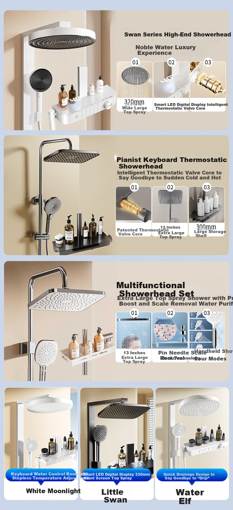 JD Original White Moonlight Shower Set, All-Copper, Cream White, with Large Storage Shelf And Square Tube Spray Gu 1