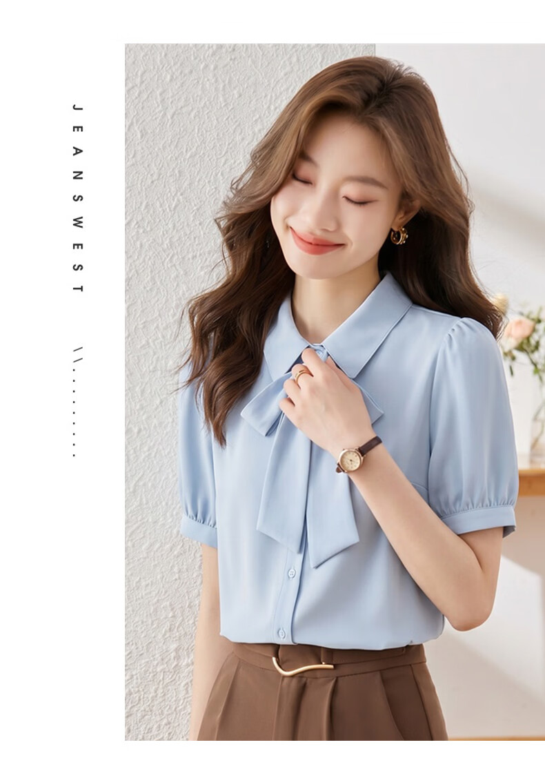 Jeanswest Women's Summer Shirt with Ribbon Tie, Formal Wear, Premium Inner Layer, Interview and Professional Commuting Top, White Short Sleeve, 2XL 15