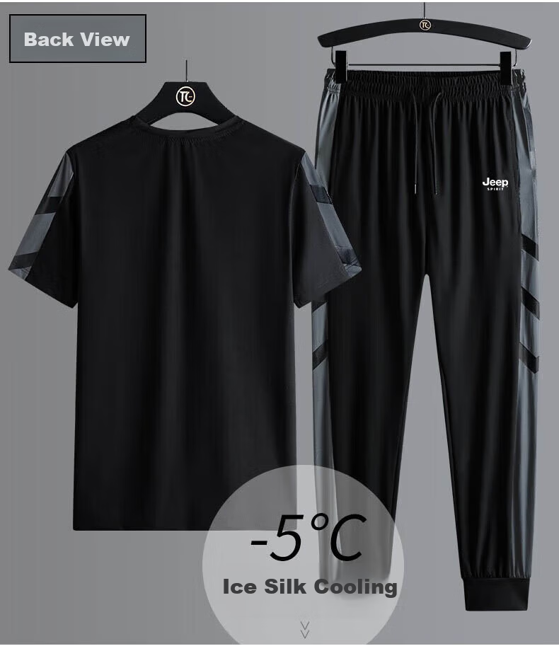 JEEP SPIRIT Men's Summer Ice Silk Quick-Dry Short Sleeve T-Shirt and Long Pants Set Black XL 3