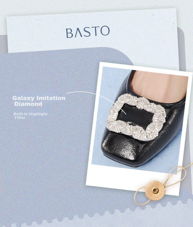 Basto 26 Spring Fashion Shiny Rhinestone Commuting Low-Cut Square Toe Women's Flats R6162AQ6 Beige 37 4