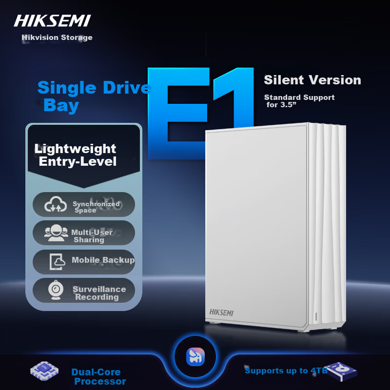 HIKSEMI Hikvision Private Cloud E1 Single-Bay NAS Network Storage Personal Home NAS Cloud Drive Photo Backup File Sharing Mobile Expansion Surveillance Recording Remote Control