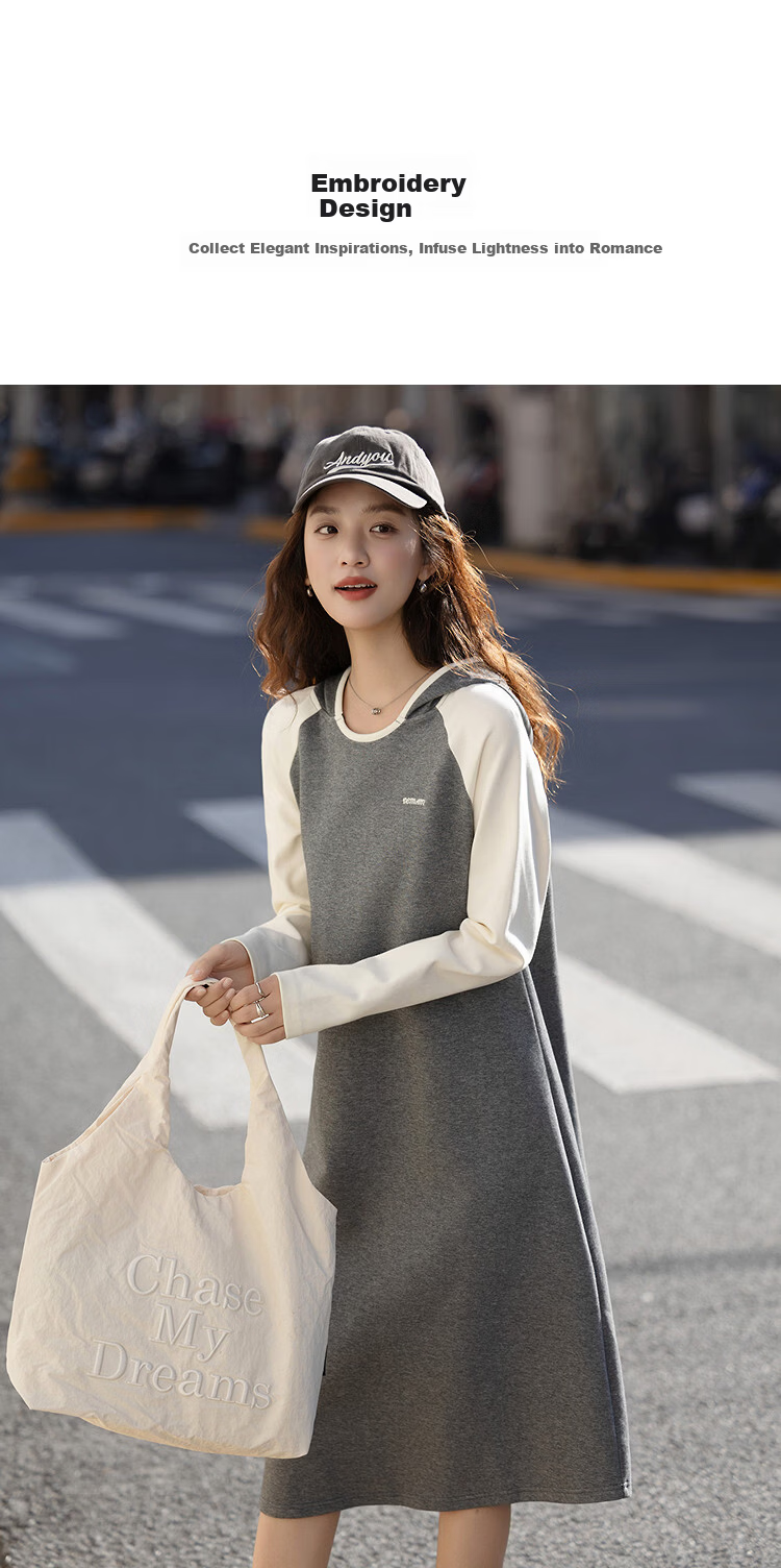 Demana [Comfort Elastic Air Layer] Spring Korean Style Hooded Color-Block Embroidered Petite Loose A-Line Women's Dress 4
