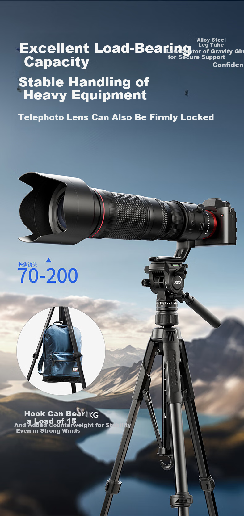 Llano Light Wing V3 Camera Tripod DSLR Mirrorless Professional Vlog Video Live Aluminum Alloy Tripod Joystick Damping Gimbal Anti-Shake Outdoor Portable 8