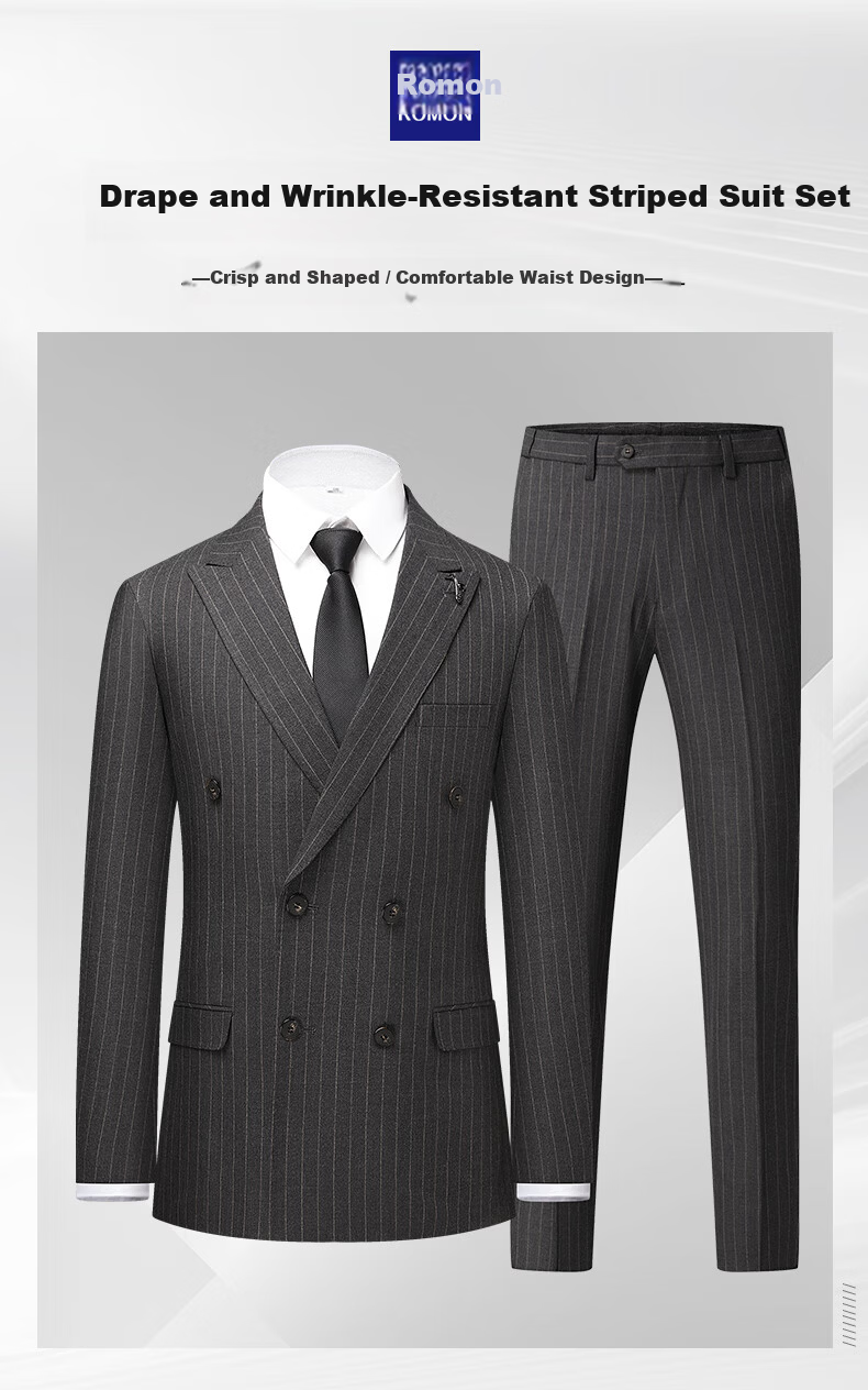 ROMON Men's Suit Set, Double-Breasted Casual Vintage Slim Fit Professional Wedding Groom Formal Wear 1