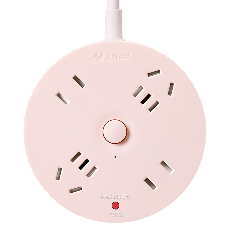 BULL Power Strip/Extension Cord/Surge Protector, Round Socket with 4 Outlets And Master Switch, Total Length 1.8 Meters, Zhuyu Pink, GN-R2220
