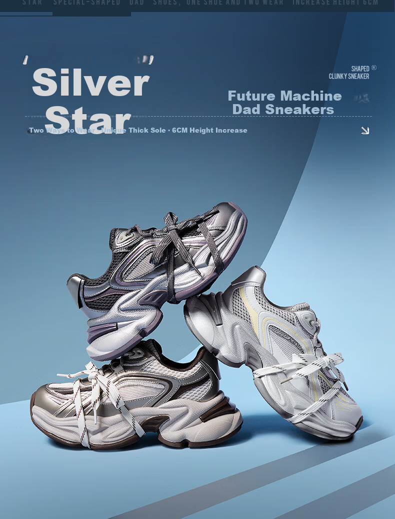 CAMEL Silver Star Dad Sneakers Women Mesh Patchwork Height Increasing Casual Shoes L26S283083W Silver/Purple (Breathable Mesh) Size 37 11