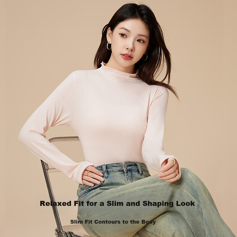 Ordifen Women's Turtleneck Base Shirt Autumn Winter Long Sleeve Ruffled Slim Fit Versatile Apricot 2XL