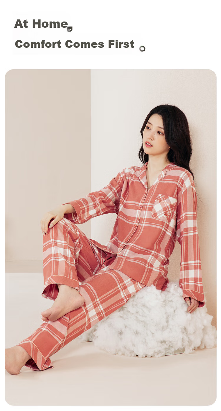 Hongdou [Mall Same Style] Men's Combed Cotton Long Sleeve Woven Brushed Plaid Couple Pajama Set 35-01 Evening Mist Blue 180 2