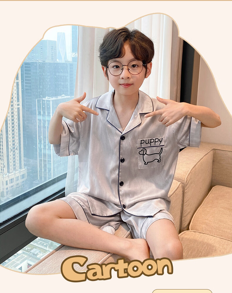 Langsha Children's Pajamas Boys Youth Summer Thin Lightweight Ice Silk Short Sleeve Two-Piece Homewear 2026 New Model 2