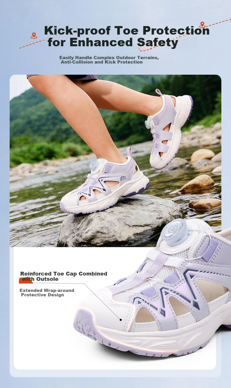 DR·KONG Full Contact Summer Sandals for Boys and Girls, Sports Style, Slip-On with Rotary Buckle, Model 2S10B2004FM, Beige/Blue, Size 32 11