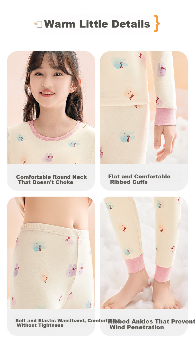 Hodohome Kids Girls Cotton Antibacterial Thin Thermal Underwear Set 7A Round Neck Printed Warm Pajamas 108 150 14