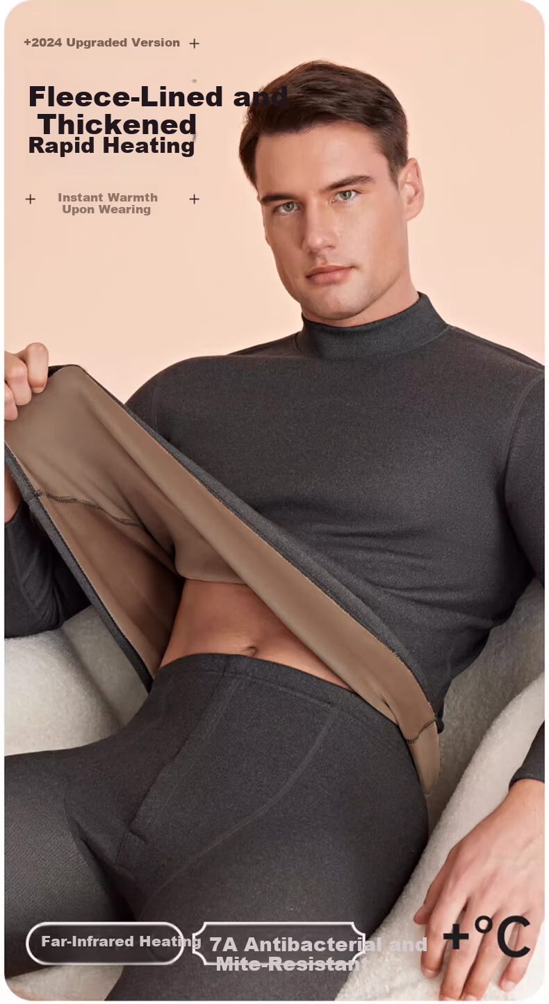LangSha Men's Thermal Underwear Set Fleece Lined Thickened Lambswool 7A Antibacterial Mite-Resistant Mid-High Collar Windproof Autumn Shirt and Pants Set 2